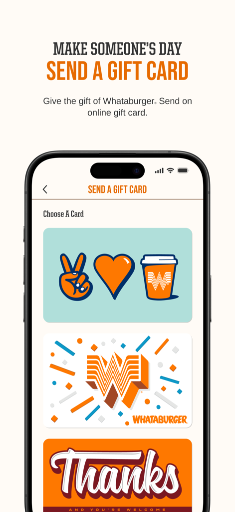 Interface of the Whataburger mobile app showing digital gift card designs and the send a gift card feature