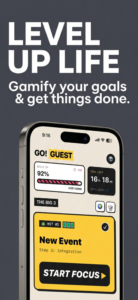 ADHD OS app interface featuring a gamified productivity dashboard with XP tracking and focus mode