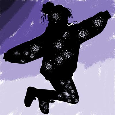 realistic girl jumping with a bun and oversized sweatshirt