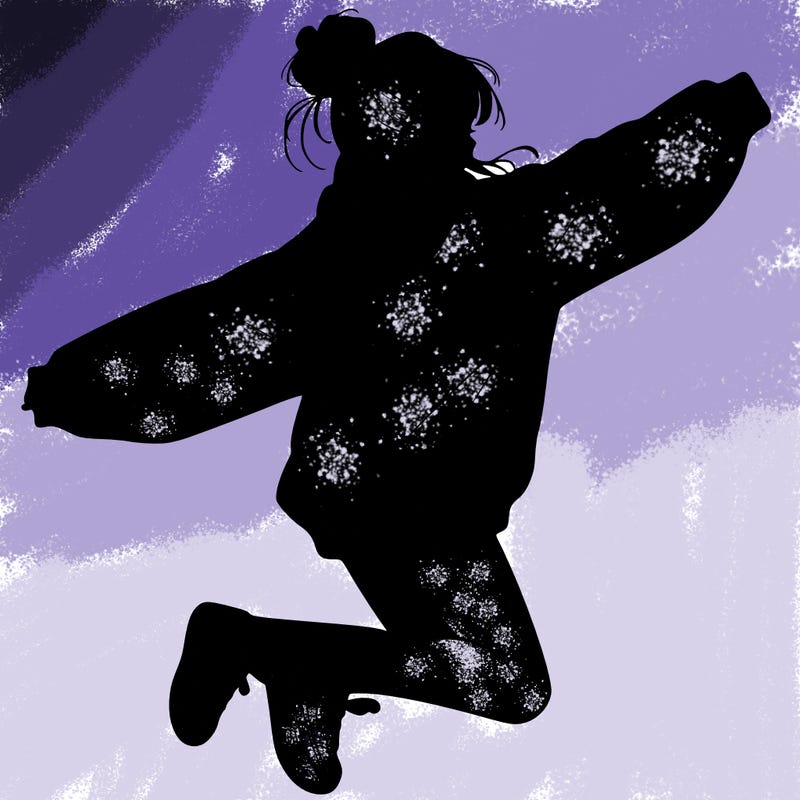 realistic girl jumping with a bun and oversized sweatshirt