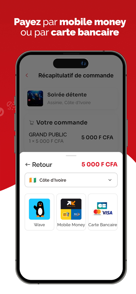 Tikerama - イベント概要と、モバイルマネーやクレジットカードを含む支払い方法が表示されるTikeramaモバイルアプリのチェックアウト画面。