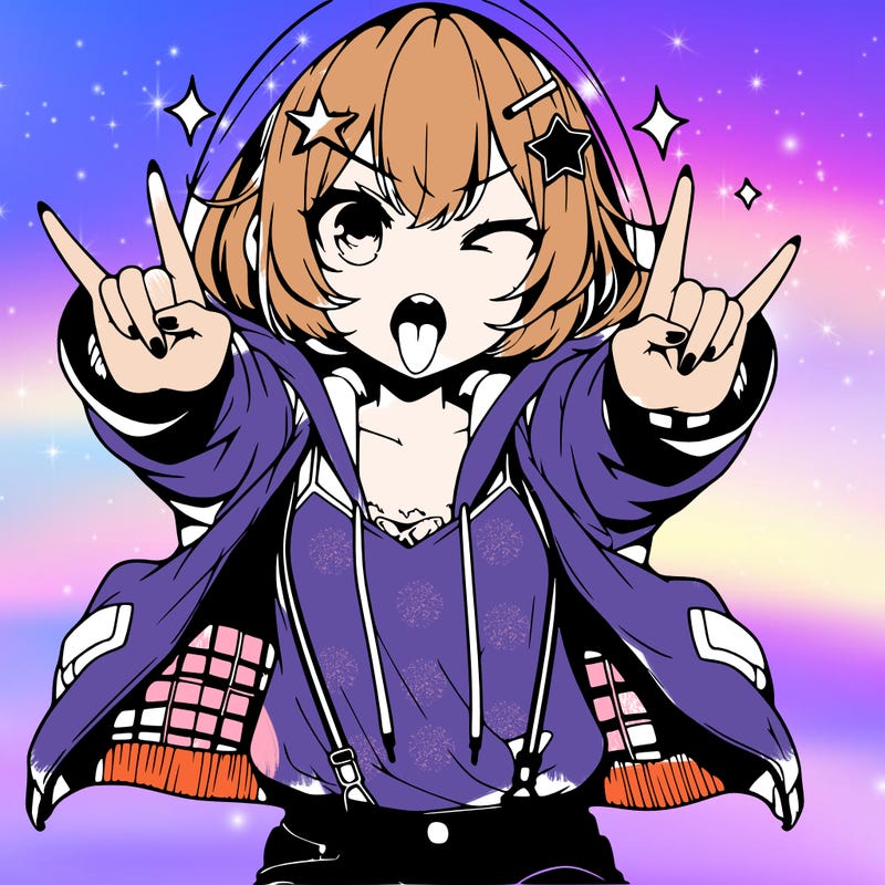 an anime girl,short hair,wearing a hoodie with a jacket on top,wearing jeans,star hair clip on hair,holding up rock and roll sign with both her hand facing forward in the middle,mouth open with tongue sticking out, pointy teeth