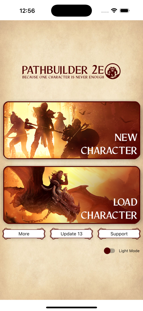 Pathbuilder 2e - Tela principal do Pathbuilder 2e mostrando botões para criar um novo personagem ou carregar um existente