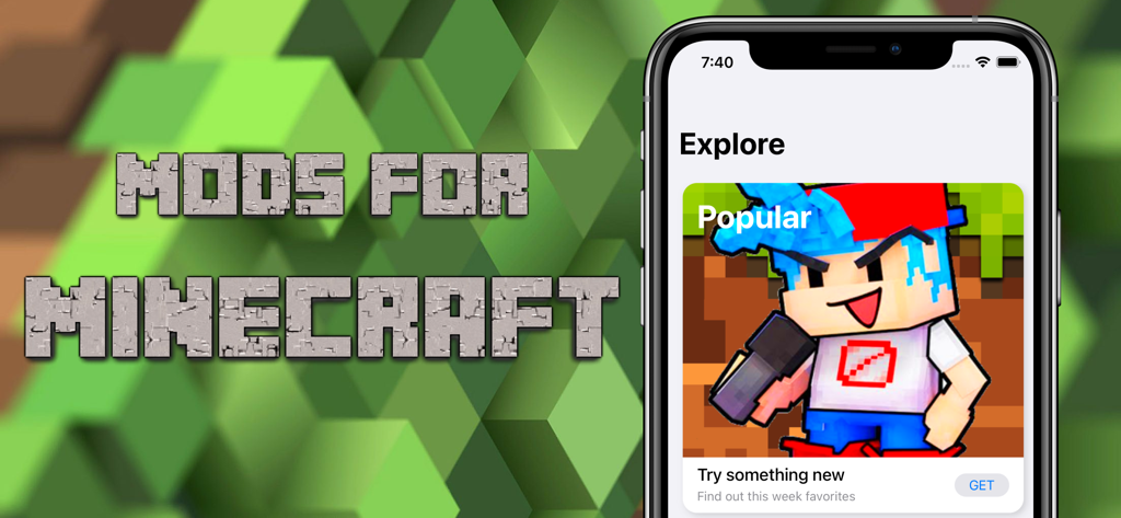 Smartphone displaying the explore page of the World of Mods for Minecraft PE app featuring a popular character mod.
