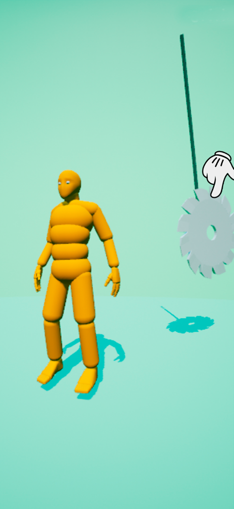 Break Ragdoll Bones 3D - A yellow 3D ragdoll character standing next to a swinging circular saw blade in a physics puzzle game.