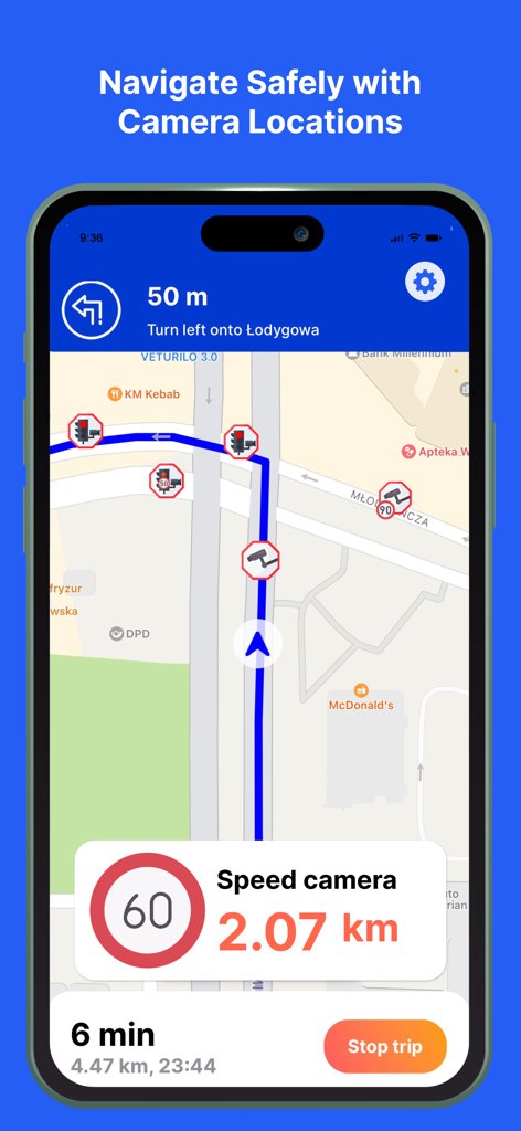 Tela de smartphone exibindo um mapa de navegação GPS com ícones de câmeras de velocidade e alertas em tempo real.