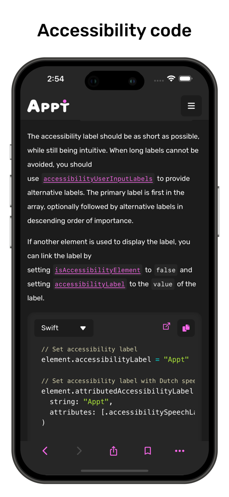 Appt - App accessibility - Pantalla de la app Appt explicando cómo implementar etiquetas de accesibilidad con un ejemplo de código Swift.