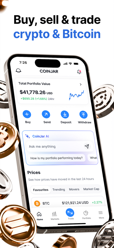 CoinJar: Buy Bitcoin & Crypto - L'interfaccia dell'app CoinJar che mostra il valore totale del portafoglio cripto di un utente e la funzione Chiedi a CoinJar AI