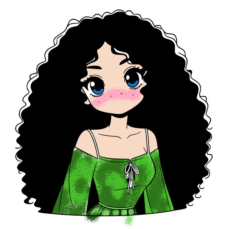 a black anime girl with long afro hair