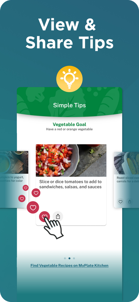 Start Simple with MyPlate app screen displaying simple vegetable tips and a sharing feature