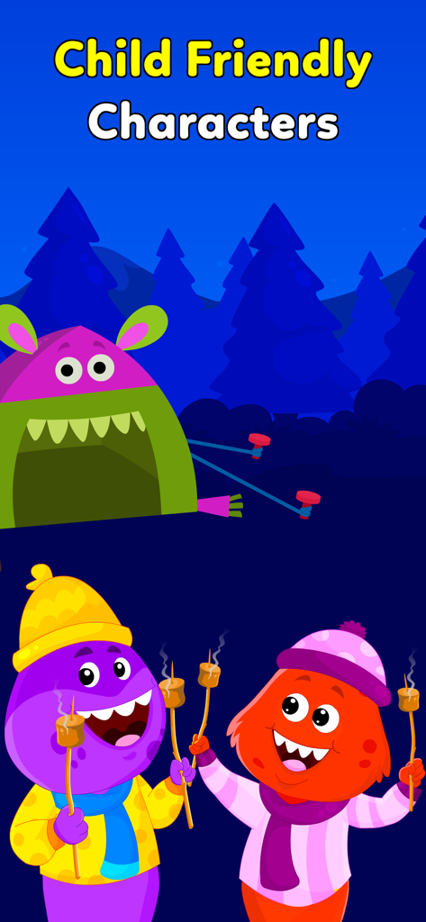 Fun Toddler Games for Kids 3-5 - Dois monstros de desenho animado amigáveis ​​em roupas de inverno assando marshmallows em uma floresta à noite