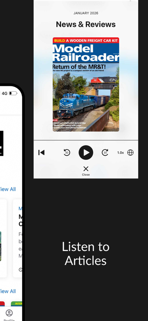 Model Railroader Magazine - A screenshot of the Model Railroader Magazine app showing the audio player interface for the Listen to Articles feature.