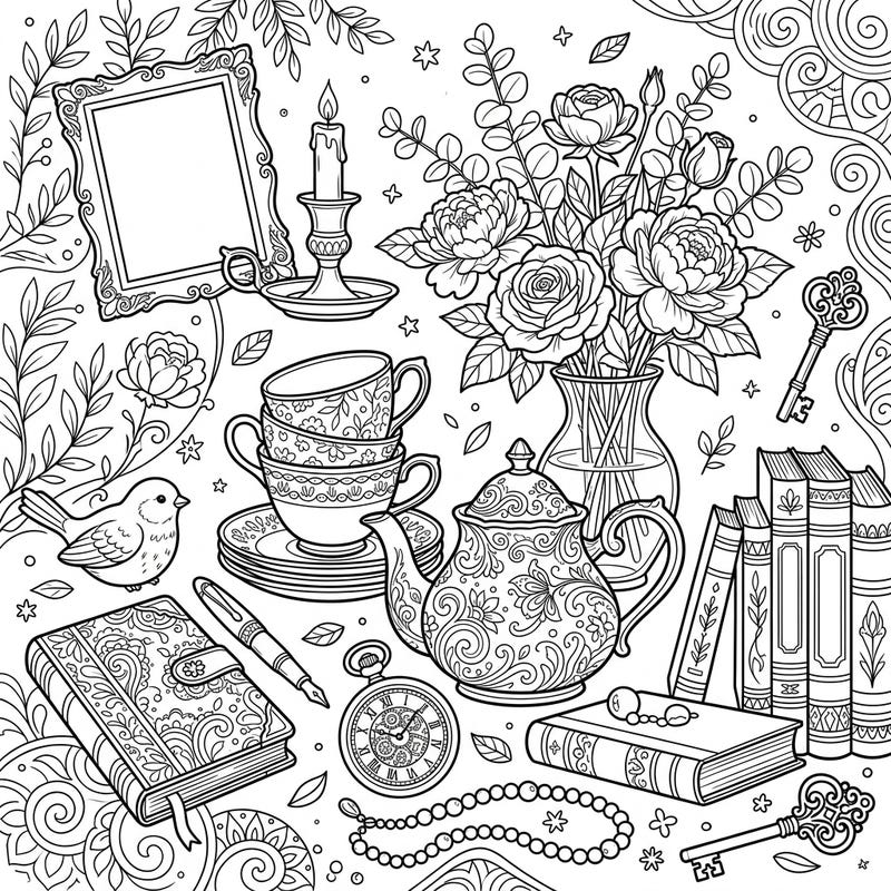 Immerse yourself in a world of elegance with this intricate vintage still life coloring page. Featuring a delightful array of classic objects, it promises hours of creative relaxation.