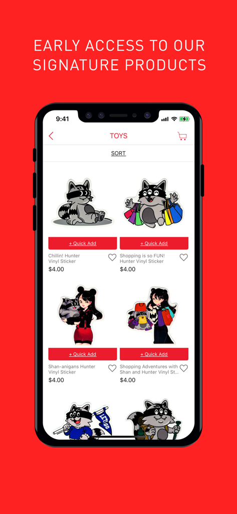 Mindzai Toy Shop - Mindzai Toy Shop app mostrando acceso anticipado a pegatinas de vinilo exclusivas con ilustraciones de personajes en una interfaz de tienda móvil.