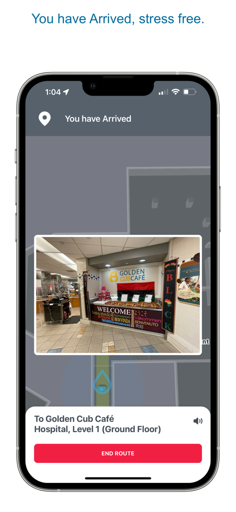 My Nicklaus Children's - Indoor wayfinding interface showing successful arrival at the Golden Cub Cafe within the hospital