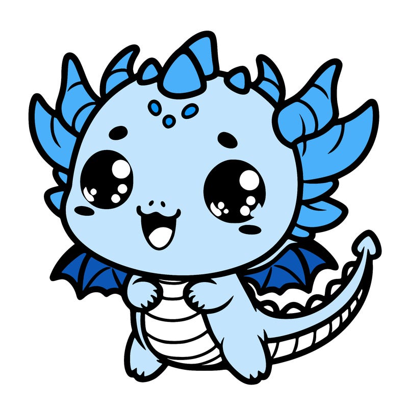 a kawaii-style drawing featuring a cute dragon with a playful face.