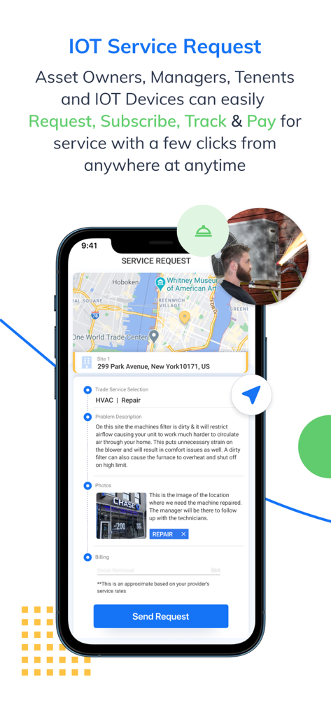 UtilizeCore - UtilizeCore mobile app interface showing an IOT service request for HVAC repair with location map and job details