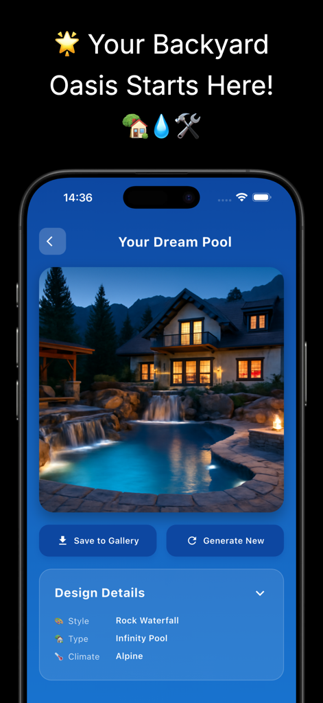 Interfaccia dell'app Pool Planner AI che mostra un design di piscina a sfioro di lusso con una cascata di rocce in un giardino