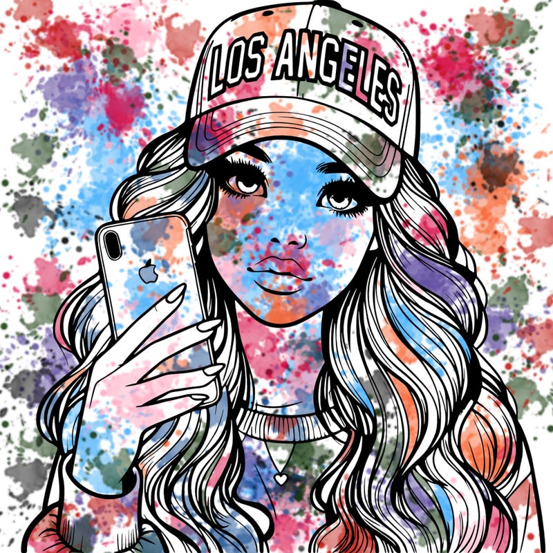 realistic beautiful girl wearing los ángeles cap holding an iphone