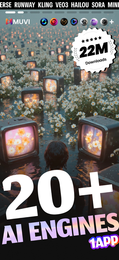 AI Video Maker & Editor - Muwi - Muwi AI Video Maker screenshot displaying 20 plus AI engines and 22 million downloads badge