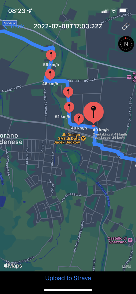 ARadar - Map view of a cycling route in the ARadar app showing red pin markers with vehicle overtaking speeds and a button to upload to Strava