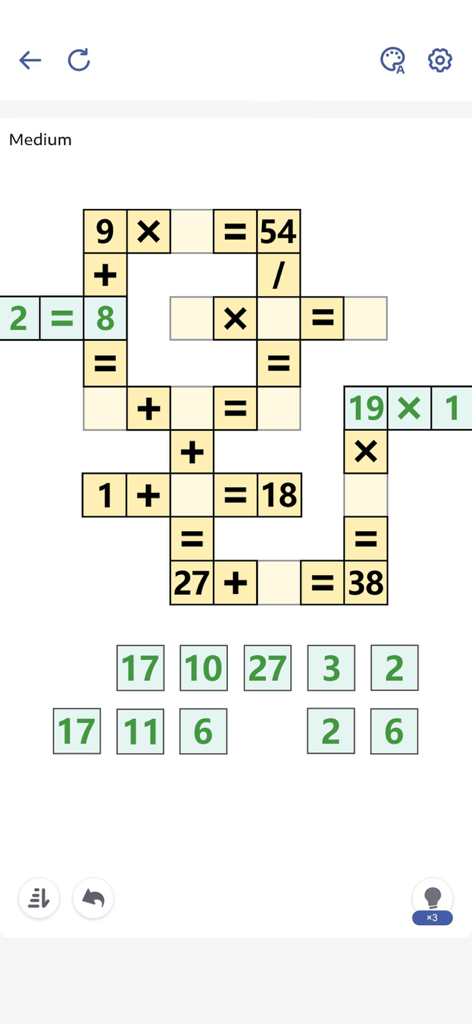 A numerical crossword puzzle gameplay screen at medium difficulty level with math equations