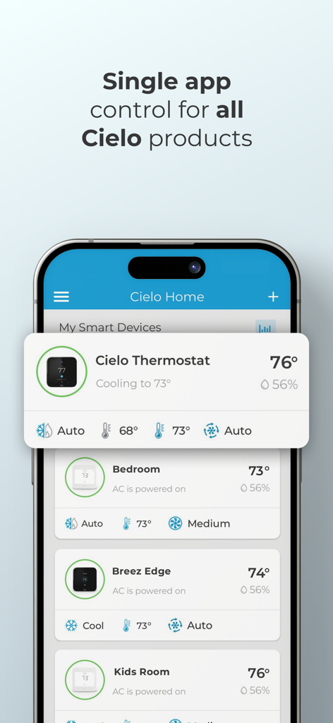 Cielo Home - Una pantalla de smartphone que muestra el tablero de la aplicación Cielo Home con múltiples dispositivos HVAC inteligentes, como termostatos y unidades de aire acondicionado para diferentes habitaciones.