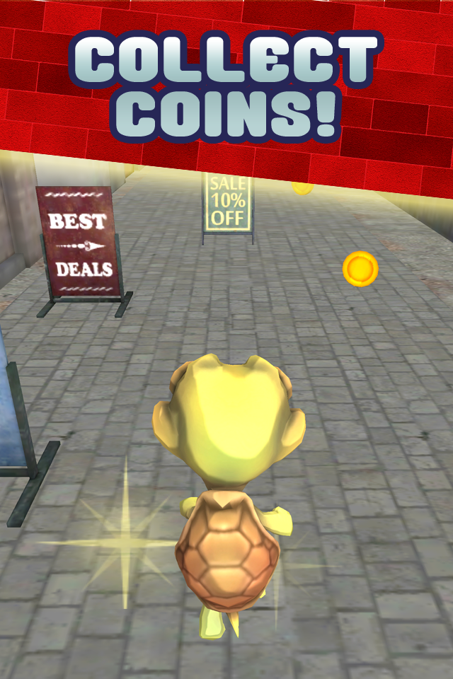 Happy City Animal Pet Game for Kids by Fun Puppy Dog Cat Rescue Animal Games FREE - A turtle character running through a city street to collect gold coins.