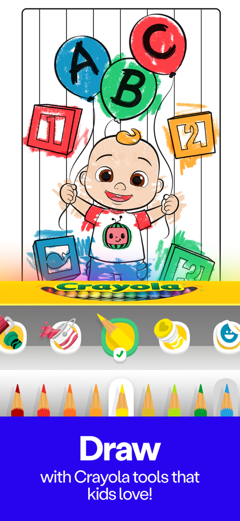 Coloring page with JJ from CoComelon and Crayola drawing tools