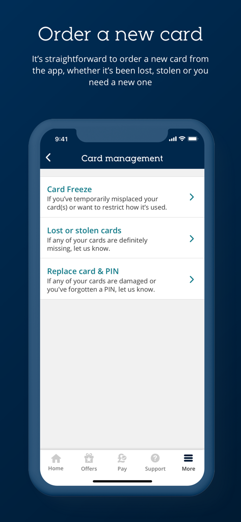 MBNA mobile app interface showing card management options including card freeze and replacement