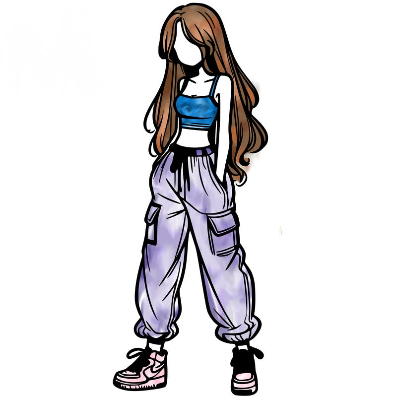 girl in baggy pants crop top and long hair