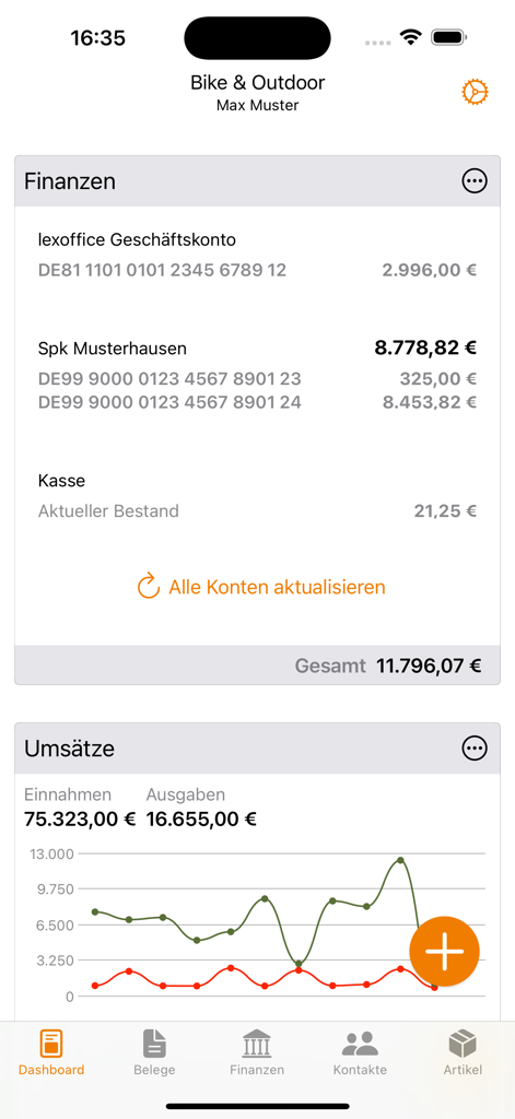 Lexware App Finanz-Dashboard mit Kontoständen und einem Umsatz-gegen-Ausgaben-Diagramm