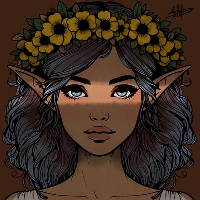 realistic female elf with flower crown