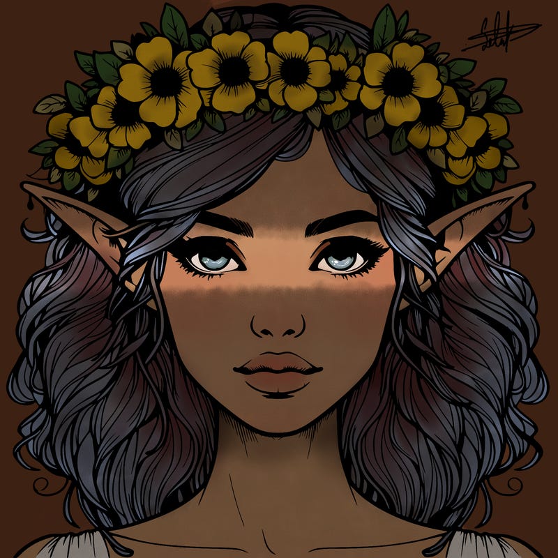 realistic female elf with flower crown
