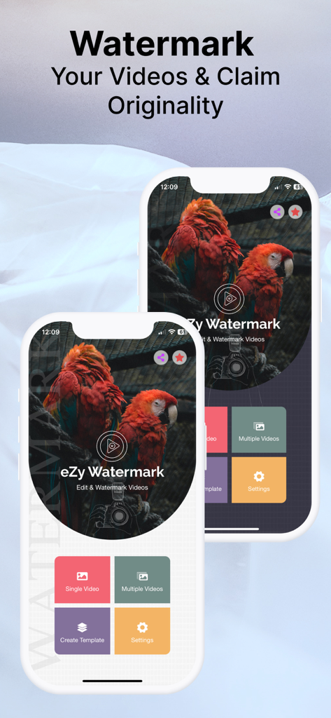 eZy Watermark Videos Pro - Interfaz de la aplicación eZy Watermark Videos Pro en un iPhone mostrando opciones para marcar videos individuales o múltiples
