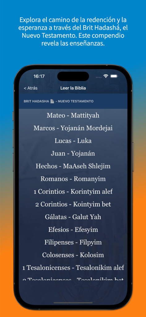 Biblia Kadosh Mesiánica - List of New Testament books with Hebrew names in the Biblia Kadosh Mesianica app