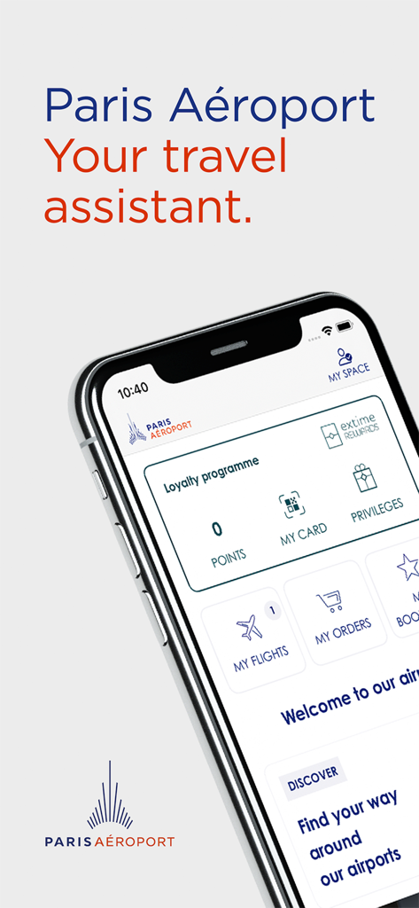 Paris Aéroport – Official - Interface do aplicativo oficial Paris Aeroport em uma tela de smartphone mostrando pontos do programa de fidelidade e recursos de assistente de viagem