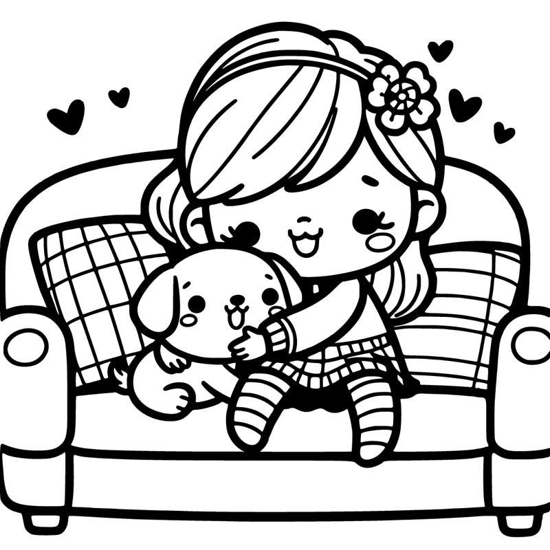 a cute girl cuddling the  cutest puppy in the world while sitting on a couch