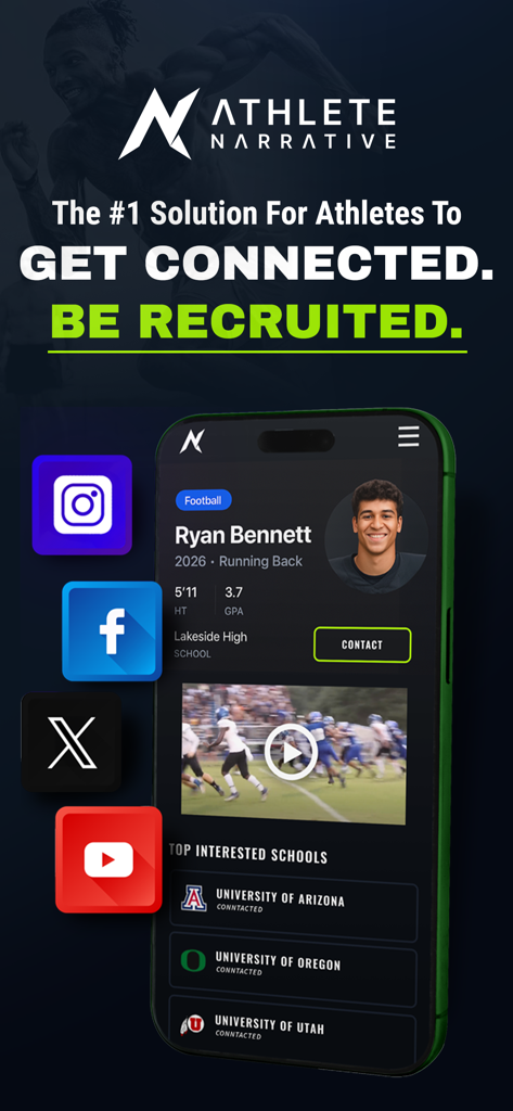 Athlete Narrative - Athlete Narrative app interface showing a high school football player profile with stats and recruiting information