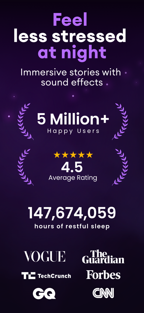 Loóna: Sleep, reduce anxiety - Loona app statistics showing five million users, a four point five star rating, and media mentions from Vogue and Forbes.