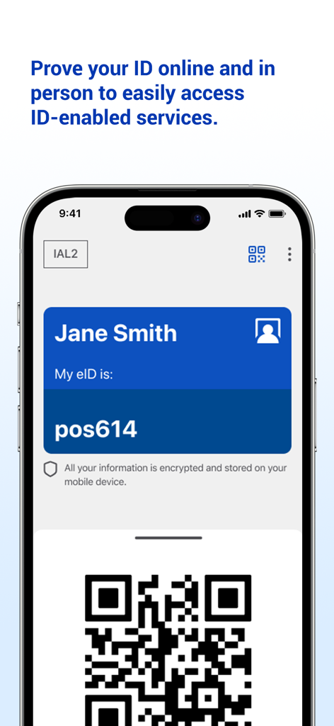 Bluink eID-Me Digital ID - Bluink eID MeアプリのデジタルIDカードが表示された携帯電話の画面。Jane Smithの名前と、確認用のQRコードが含まれています。
