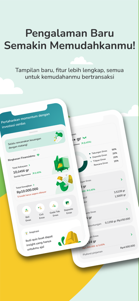 Tableau de bord financier de l'application Tring by Pegadaian affichant les actifs et passifs d'investissement en or