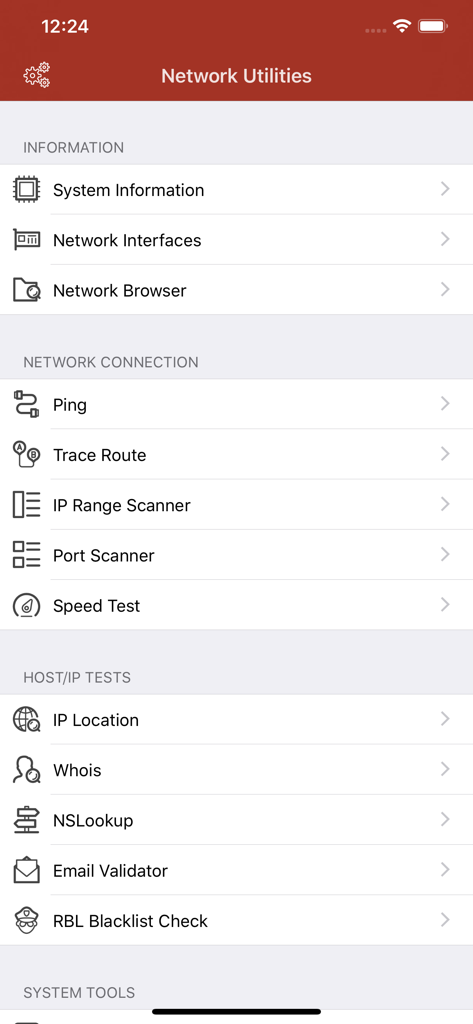 Network Utilities & Analyzer - The main menu interface of the Network Utilities and Analyzer app displaying categories like Network Connection and Host Tests