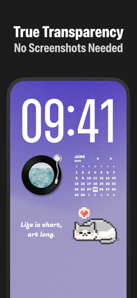 Aesthetic iPhone home screen with transparent HiiiWidget designs including a clock, calendar, and pixel art cat