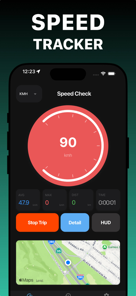 Interfaz de la aplicación móvil para Velocímetro GPS que muestra la velocidad actual, estadísticas del viaje y un mapa de navegación
