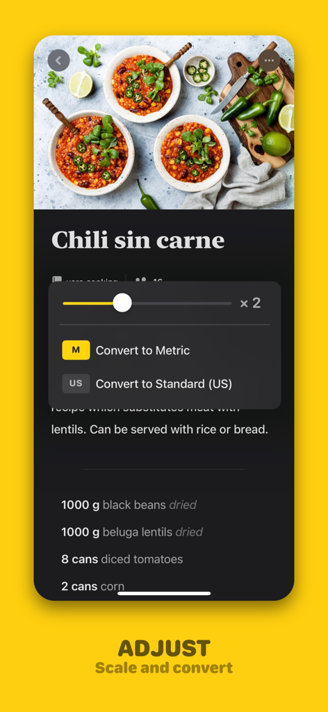Mela - Recipe Manager - The Mela app interface showing options to scale recipe servings and convert between metric and US measurement systems