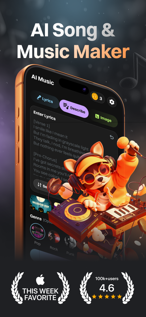 AI Music, Song Generator: Tune - Interface of the Tune AI Music and Song Generator app featuring lyrics input and a DJ character.