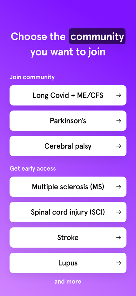 Turnto - Daily Breakthroughs - Turnto app screen showing options to join communities for chronic conditions like Long Covid Parkinson and Cerebral palsy
