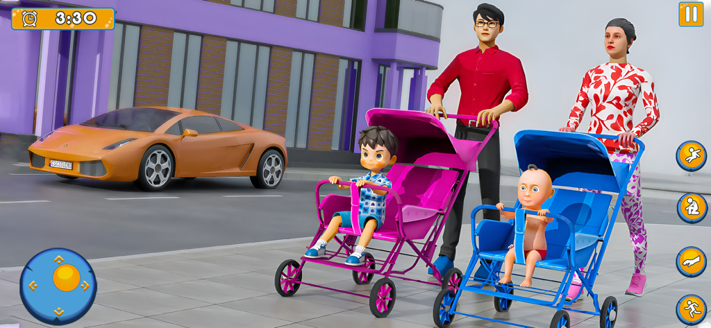 仮想の母親と父親がマザーシミュレーターゲームで子供たちと一緒にベビーカーを押している