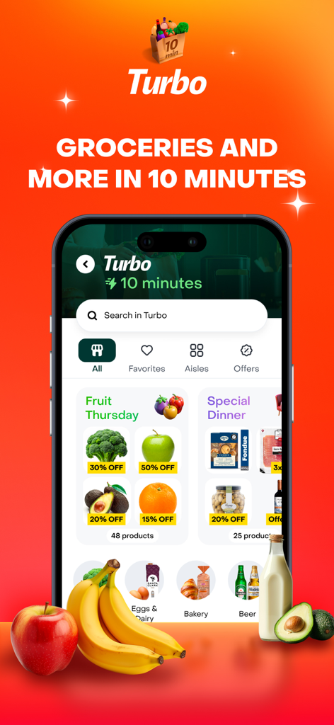Rappi - Deliveries in Minutes - Rappi Turbo app interface showing grocery delivery in 10 minutes with fresh food discounts